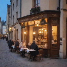 A cozy, quaint street cafe in a historic European city, bathed in the warm glow of evening lights, with patrons enjoying their dessert and coffee.