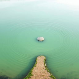 A serene lake with concentric circles rippling outward like the waves from a stone thrown into the water