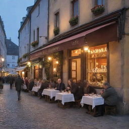 A cozy, quaint street cafe in a historic European city, bathed in the warm glow of evening lights, with patrons enjoying their dessert and coffee.