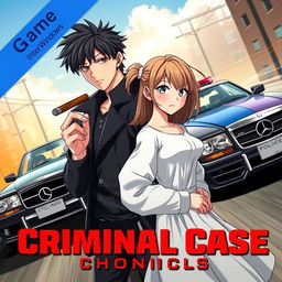 An engaging anime-style game poster for an open-world criminal action adventure titled 'Criminal Case Chronicles'