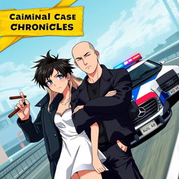 An engaging anime-style game poster for an open-world criminal action adventure titled 'Criminal Case Chronicles'