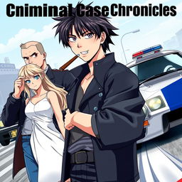 An engaging anime-style game poster for an open-world criminal action adventure titled 'Criminal Case Chronicles'