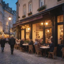 A cozy, quaint street cafe in a historic European city, bathed in the warm glow of evening lights, with patrons enjoying their dessert and coffee.