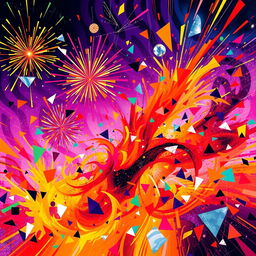 A chaotic and vibrant scene capturing the essence of kaos, featuring a swirling mixture of bright colors and abstract shapes