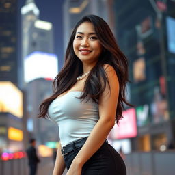 A beautiful Asian woman with ample bosom, exuding confidence and allure