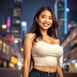 A beautiful Asian woman with ample bosom, exuding confidence and allure