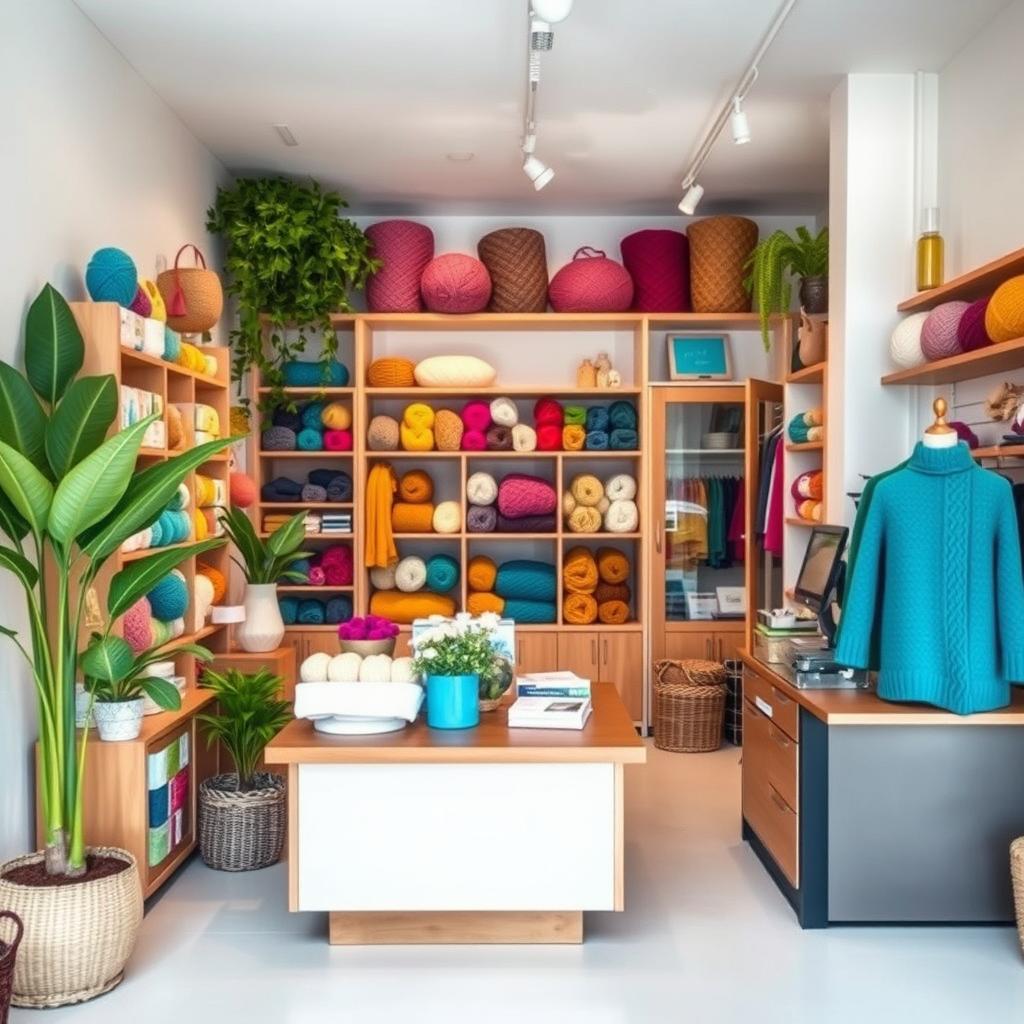 A cozy wool and knitted goods shop featuring a stylish checkout area equipped with a modern point of sale system