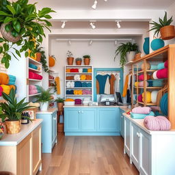 A cozy wool and knitted goods shop featuring a stylish checkout area equipped with a modern point of sale system