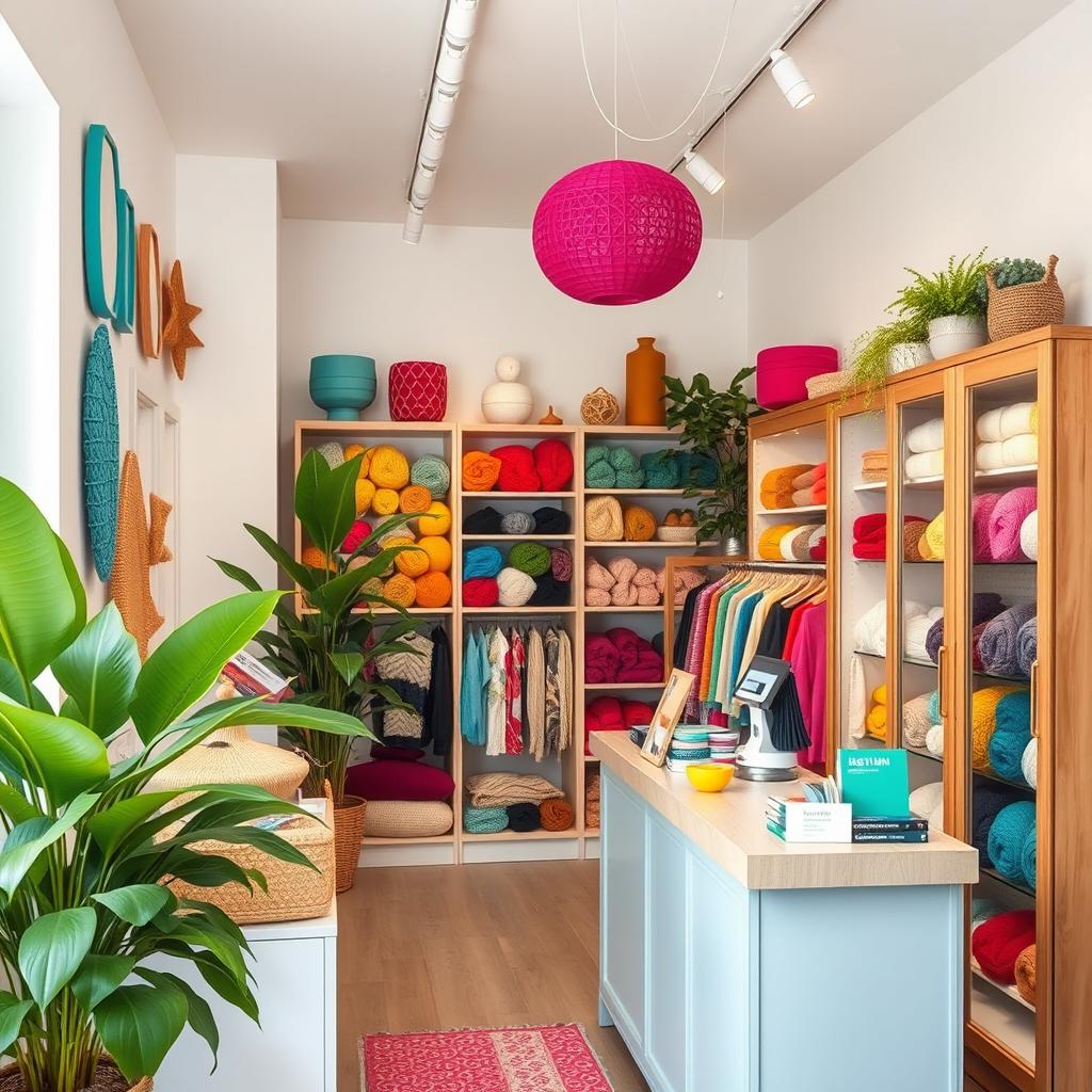 A cozy wool and knitted goods shop featuring a stylish checkout area equipped with a modern point of sale system