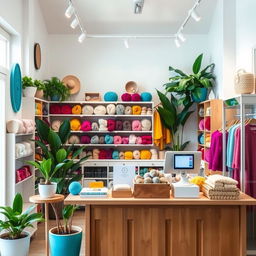 A cozy wool and knitted goods shop featuring a stylish checkout area equipped with a modern point of sale system