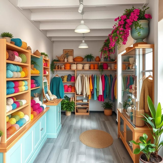 A cozy store interior designed for selling yarns and knitted garments