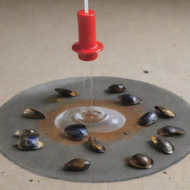 Create a simple educational diagram showing an experimental setup with a fire sprinkler system using liquid water, where the water's mixed with crushed mussel shells acting as a fire retardant. The setup should be simplified for a 9th grader's understanding.