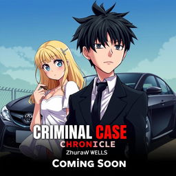 A dynamic and vibrant anime-style game poster for 'Criminal Case Chronicles: Zhurawljov', featuring an intense open-world gang war theme