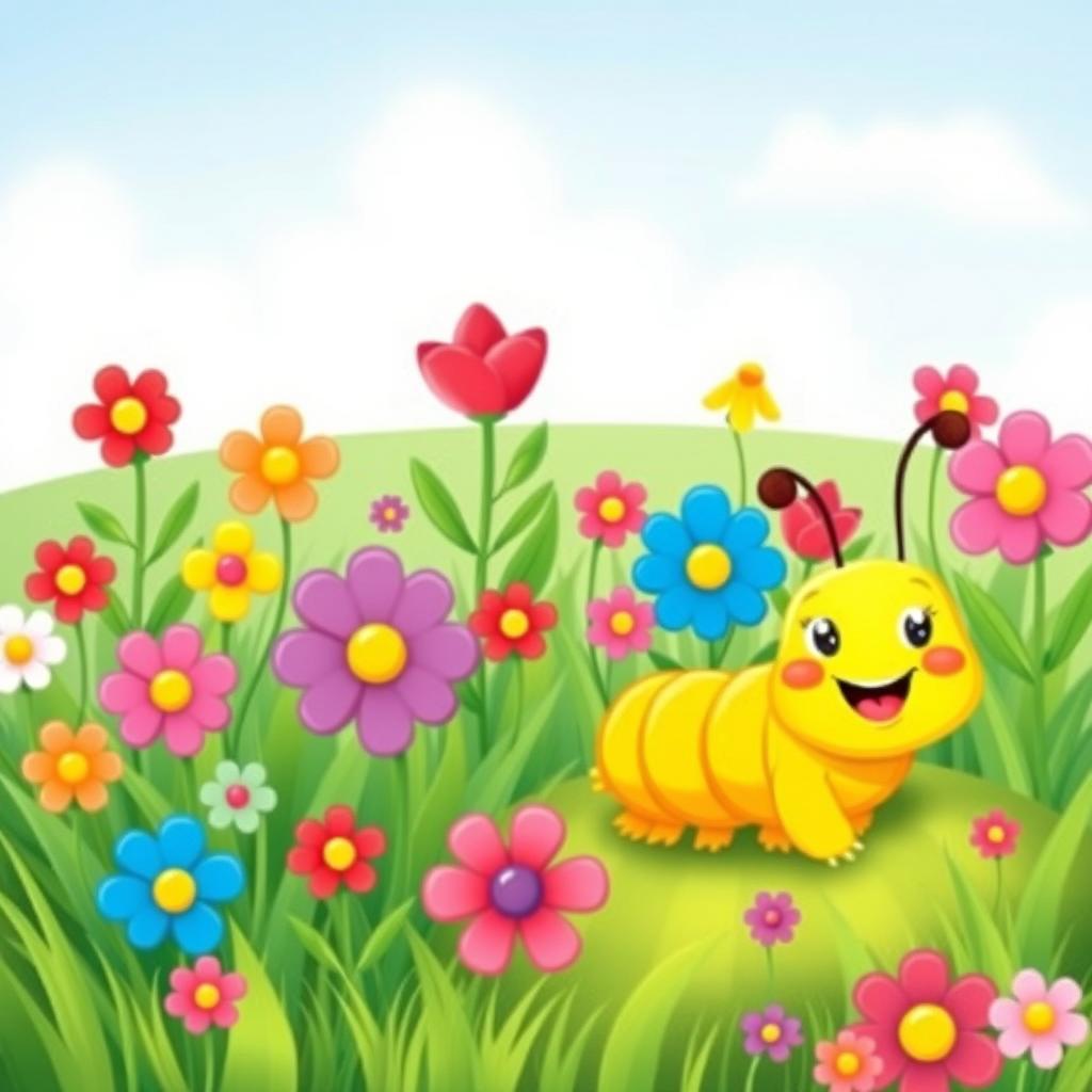 A vibrant and cheerful illustration of a yellow caterpillar situated in a lush garden filled with a variety of colorful flowers