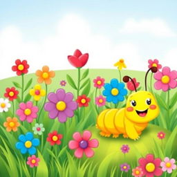 A vibrant and cheerful illustration of a yellow caterpillar situated in a lush garden filled with a variety of colorful flowers