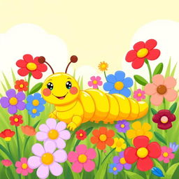 A vibrant and cheerful illustration of a yellow caterpillar situated in a lush garden filled with a variety of colorful flowers