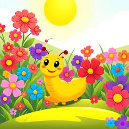 A vibrant and cheerful illustration of a yellow caterpillar situated in a lush garden filled with a variety of colorful flowers