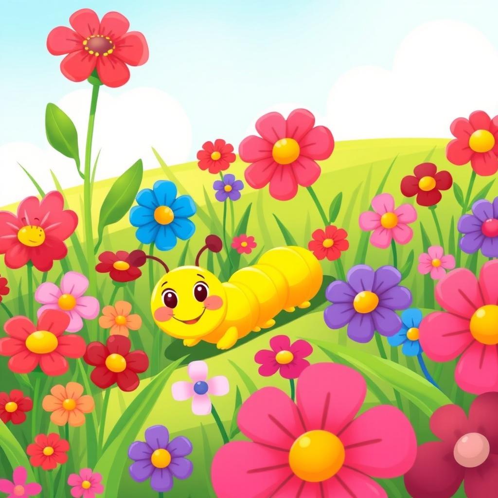 A vibrant and cheerful illustration of a yellow caterpillar situated in a lush garden filled with a variety of colorful flowers