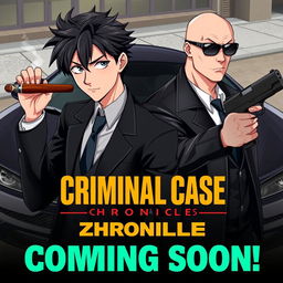 A dynamic and engaging poster for an anime style game titled 'Criminal Case Chronicles: Zhurawljov'