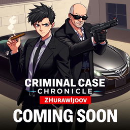 A dynamic and engaging poster for an anime style game titled 'Criminal Case Chronicles: Zhurawljov'