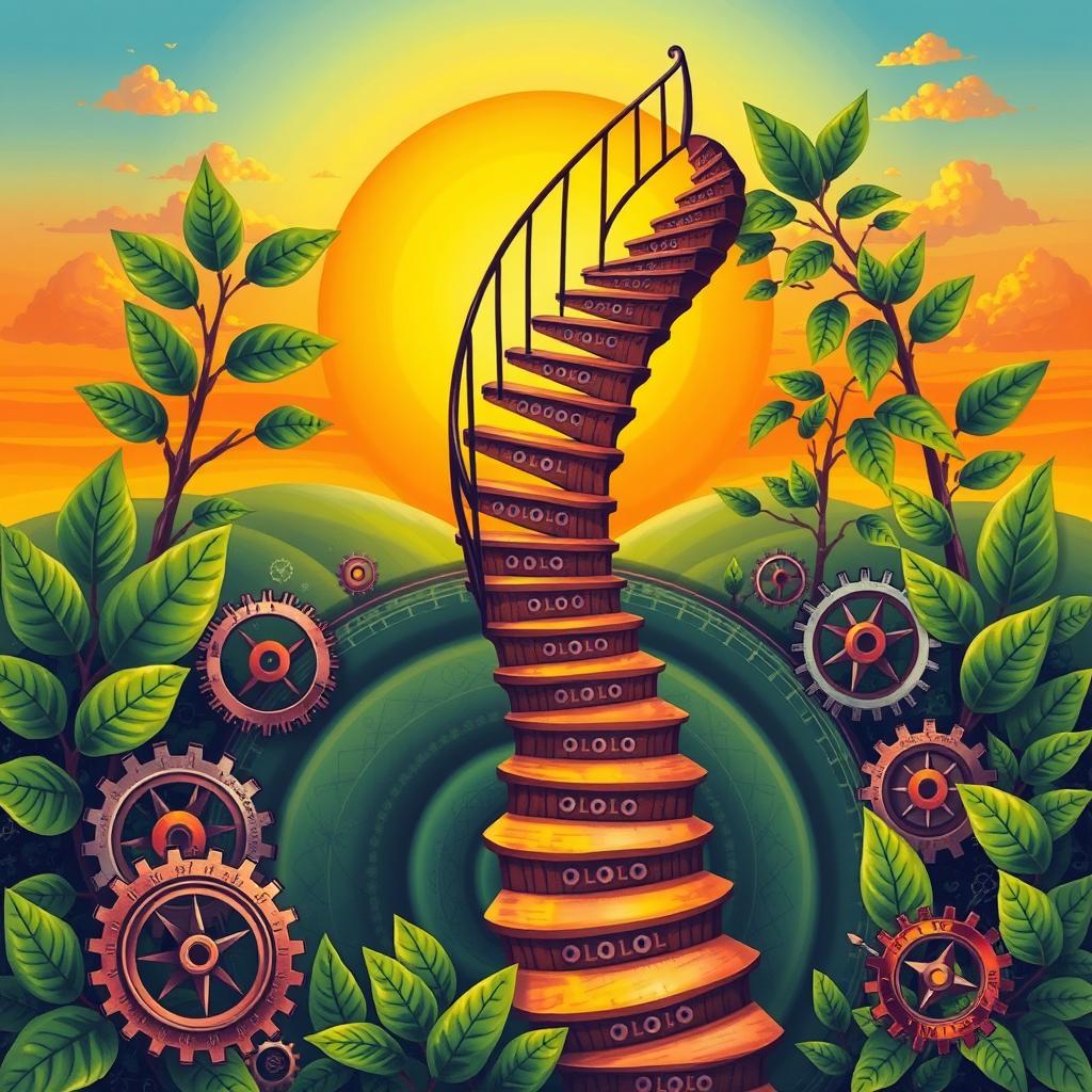 A vibrant and detailed illustration featuring a spiraling staircase ascending, symbolizing gradual and continuous progress