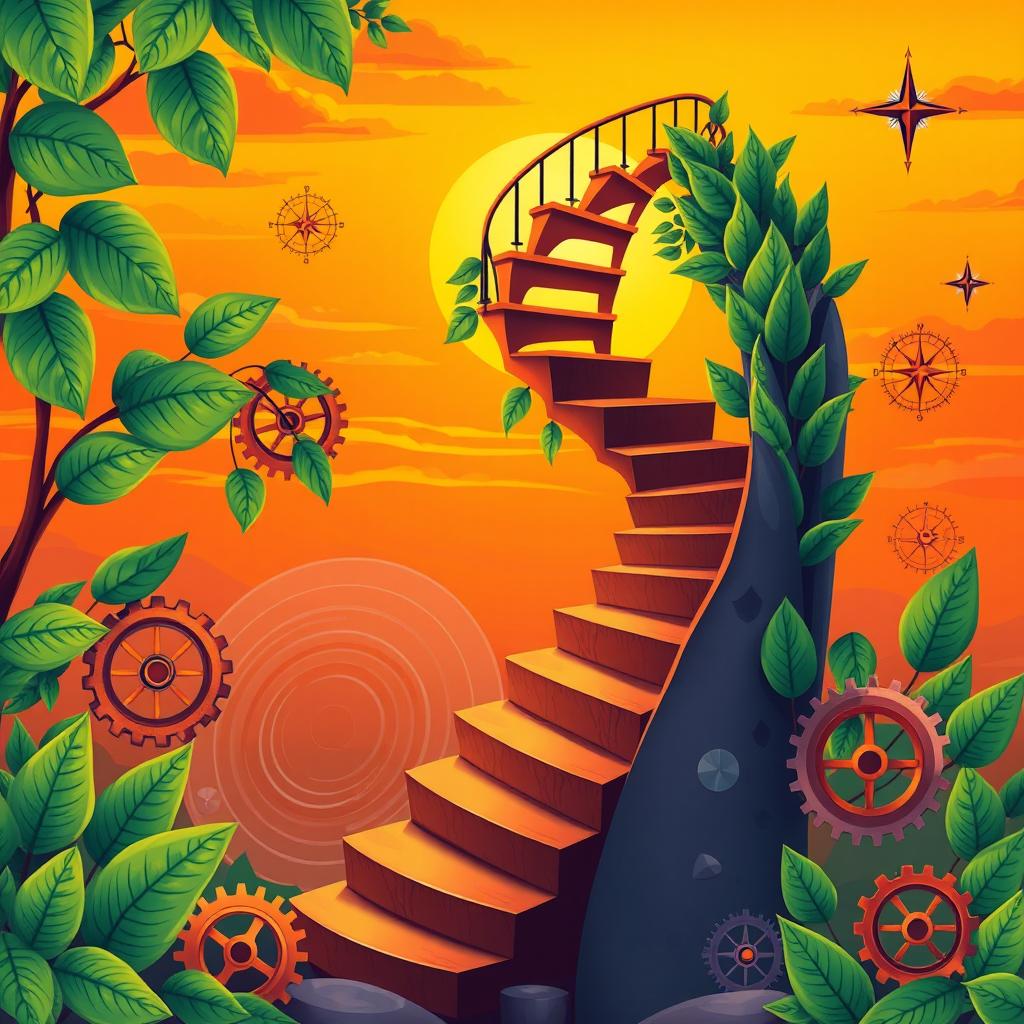 A vibrant and detailed illustration featuring a spiraling staircase ascending, symbolizing gradual and continuous progress