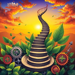 A vibrant and detailed illustration featuring a spiraling staircase ascending, symbolizing gradual and continuous progress