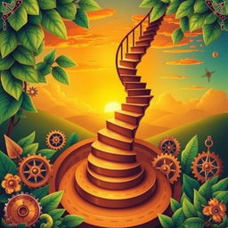 A vibrant and detailed illustration featuring a spiraling staircase ascending, symbolizing gradual and continuous progress