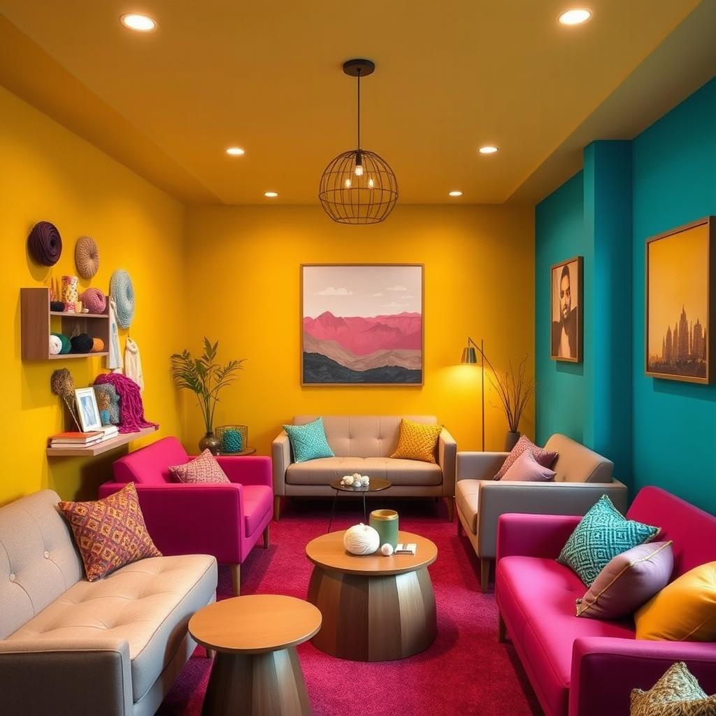 A warm and inviting knitting meeting room, featuring walls adorned in mustard yellow, aquamarine, and fuchsia tones