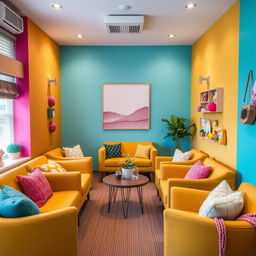 A warm and inviting knitting meeting room, featuring walls adorned in mustard yellow, aquamarine, and fuchsia tones