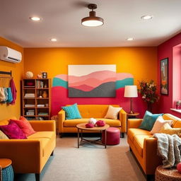 A warm and inviting knitting meeting room, featuring walls adorned in mustard yellow, aquamarine, and fuchsia tones