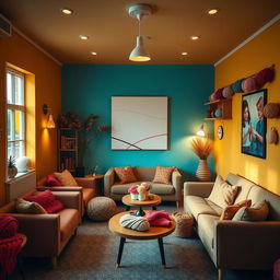 A warm and inviting knitting meeting room, featuring walls adorned in mustard yellow, aquamarine, and fuchsia tones