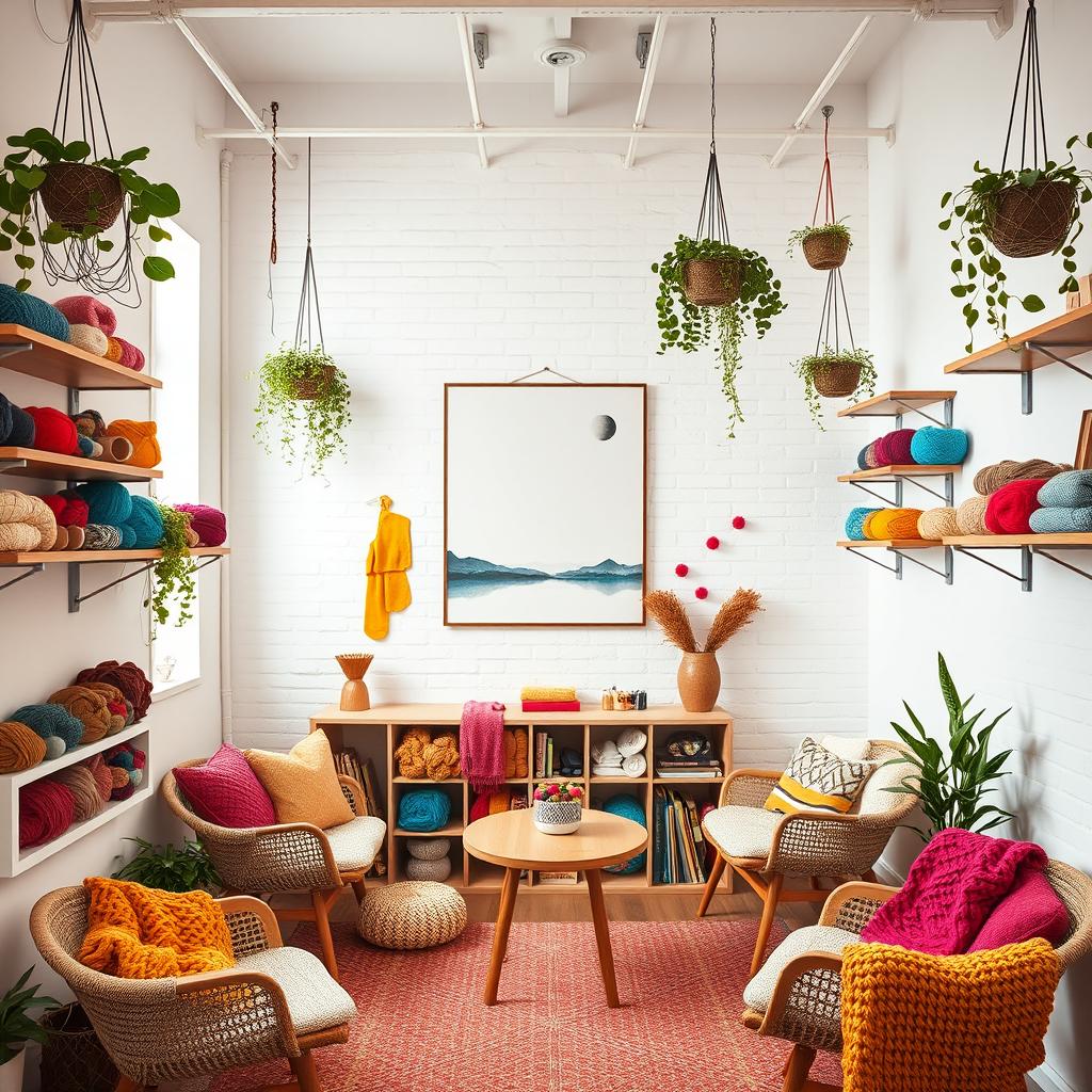 A warm and inviting knitting meeting room with white walls, complemented by shelving filled with colorful yarns and tools