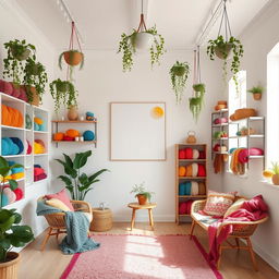 A warm and inviting knitting meeting room with white walls, complemented by shelving filled with colorful yarns and tools