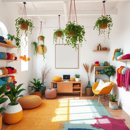 A warm and inviting knitting meeting room with white walls, complemented by shelving filled with colorful yarns and tools