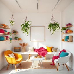 A warm and inviting knitting meeting room with white walls, complemented by shelving filled with colorful yarns and tools