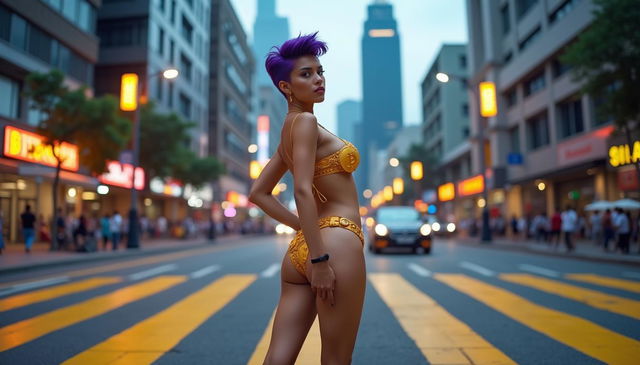 A beautiful 18-year-old Venezuelan woman with striking violet hair styled in a Quiff Pixie haircut, showcasing her big breasts and alluring curves