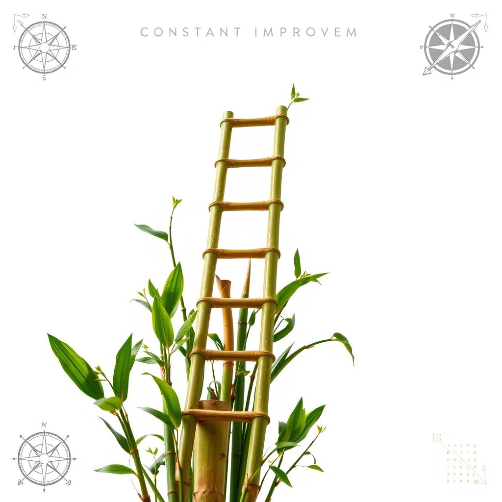 A simple bamboo ladder surrounded by a few green sprouts and leaves, concentric circles radiating from the base of the ladder, with a white sky in the background