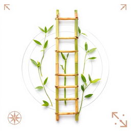 A simple bamboo ladder surrounded by a few green sprouts and leaves, concentric circles radiating from the base of the ladder, with a white sky in the background