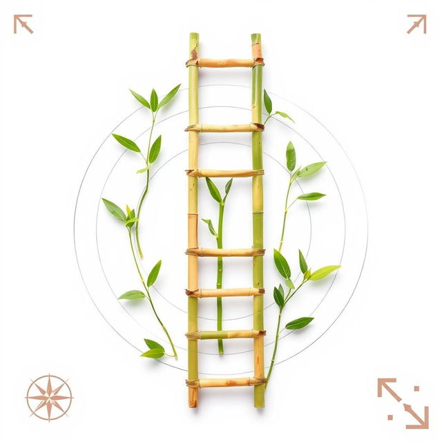 A simple bamboo ladder surrounded by a few green sprouts and leaves, concentric circles radiating from the base of the ladder, with a white sky in the background