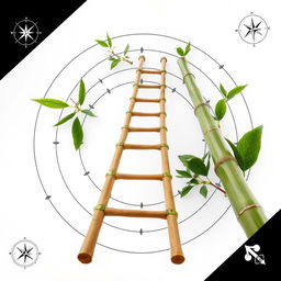 A simple bamboo ladder surrounded by a few green sprouts and leaves, concentric circles radiating from the base of the ladder, with a white sky in the background