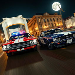 A thrilling street race taking place at night between a vintage red Dodge Challenger and a vintage blue Ford Mustang featuring white racing stripes