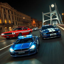 A thrilling street race taking place at night between a vintage red Dodge Challenger and a vintage blue Ford Mustang featuring white racing stripes