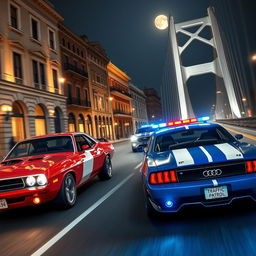 A thrilling street race taking place at night between a vintage red Dodge Challenger and a vintage blue Ford Mustang featuring white racing stripes