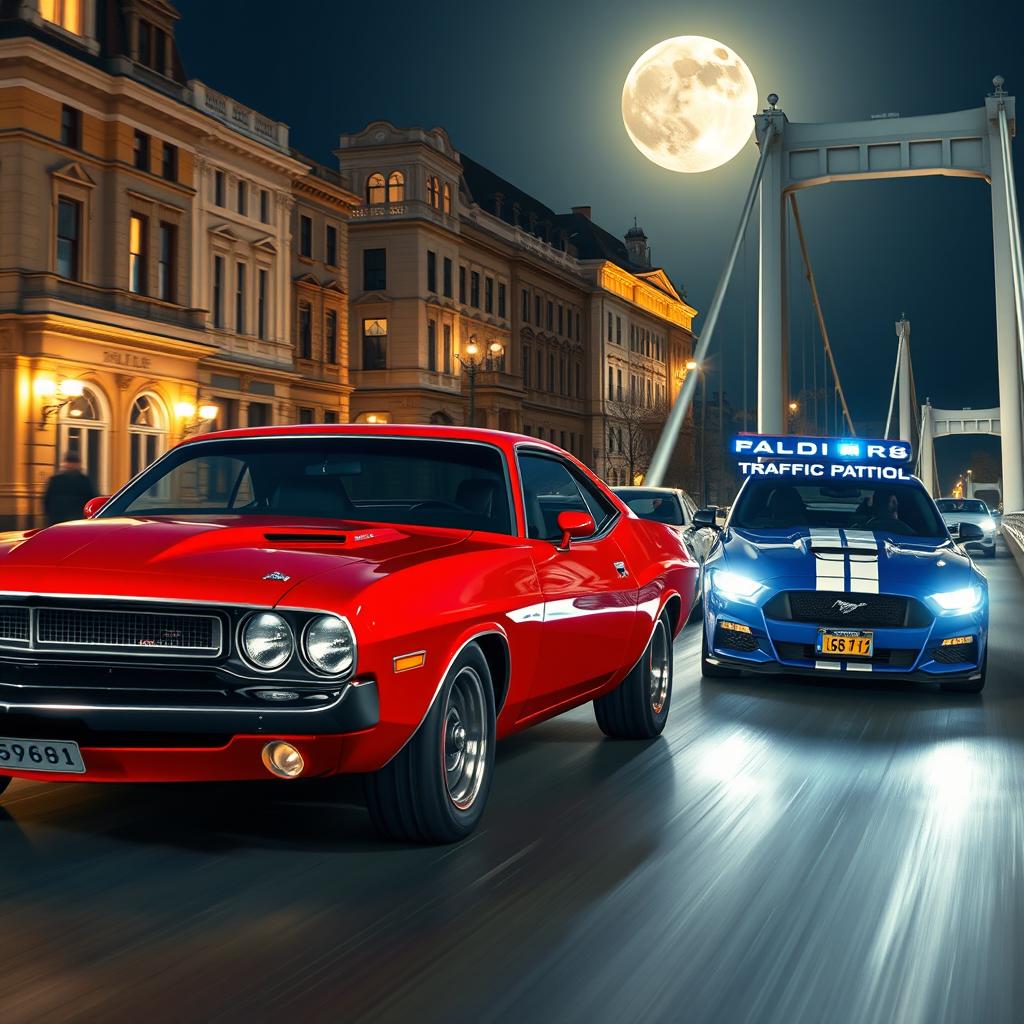 A thrilling street race taking place at night between a vintage red Dodge Challenger and a vintage blue Ford Mustang featuring white racing stripes