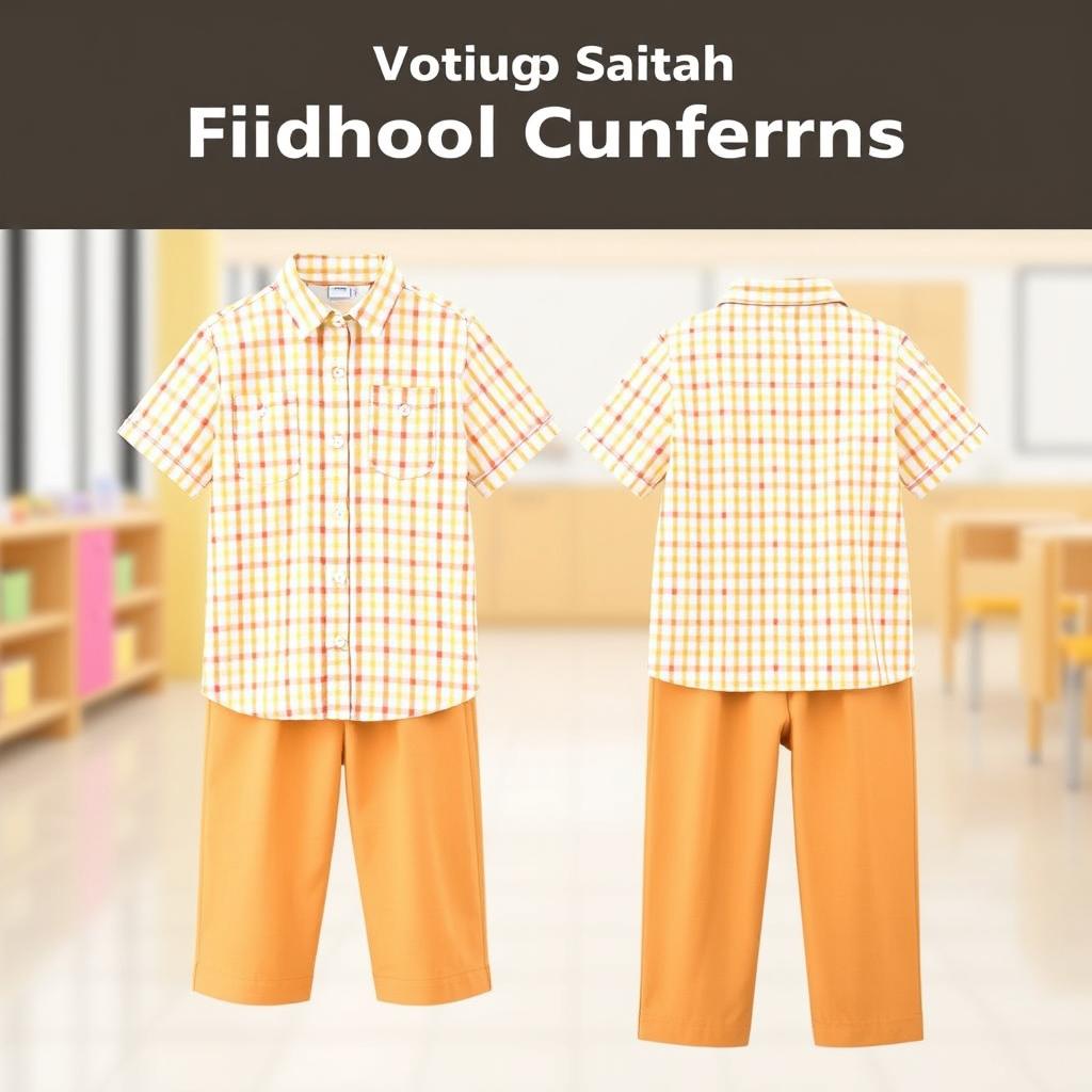 A charming school uniform design for elementary students featuring a small checkered pattern in cheerful colors