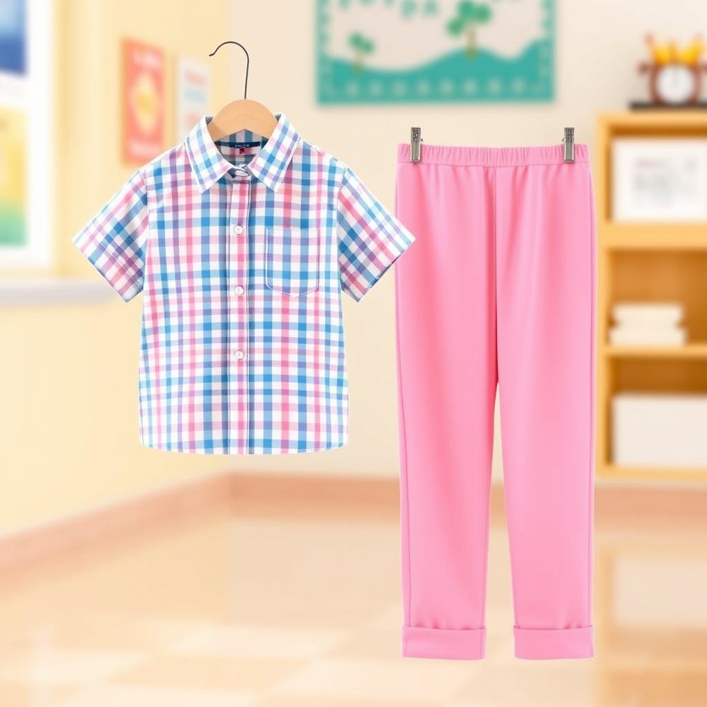 A charming school uniform design for elementary students featuring a small checkered pattern in cheerful colors