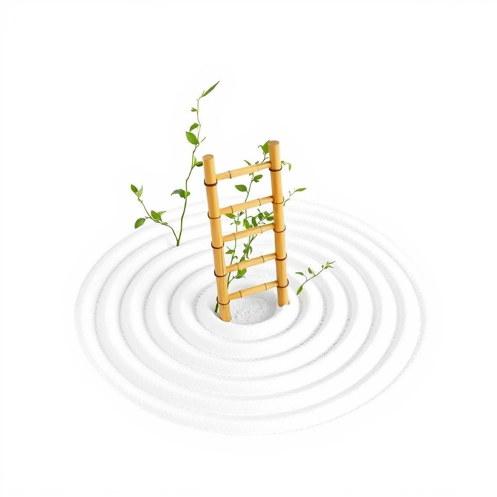 A simple bamboo ladder surrounded by a few green sprouts and leaves, with concentric circles on the ground radiating from the base of the ladder made of white sand in a Japanese style