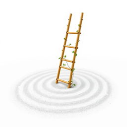 A simple bamboo ladder surrounded by a few green sprouts and leaves, with concentric circles on the ground radiating from the base of the ladder made of white sand in a Japanese style