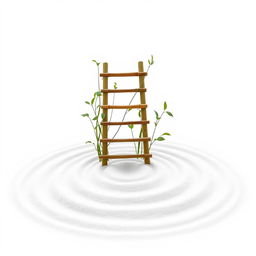 A simple bamboo ladder surrounded by a few green sprouts and leaves, with concentric circles on the ground radiating from the base of the ladder made of white sand in a Japanese style